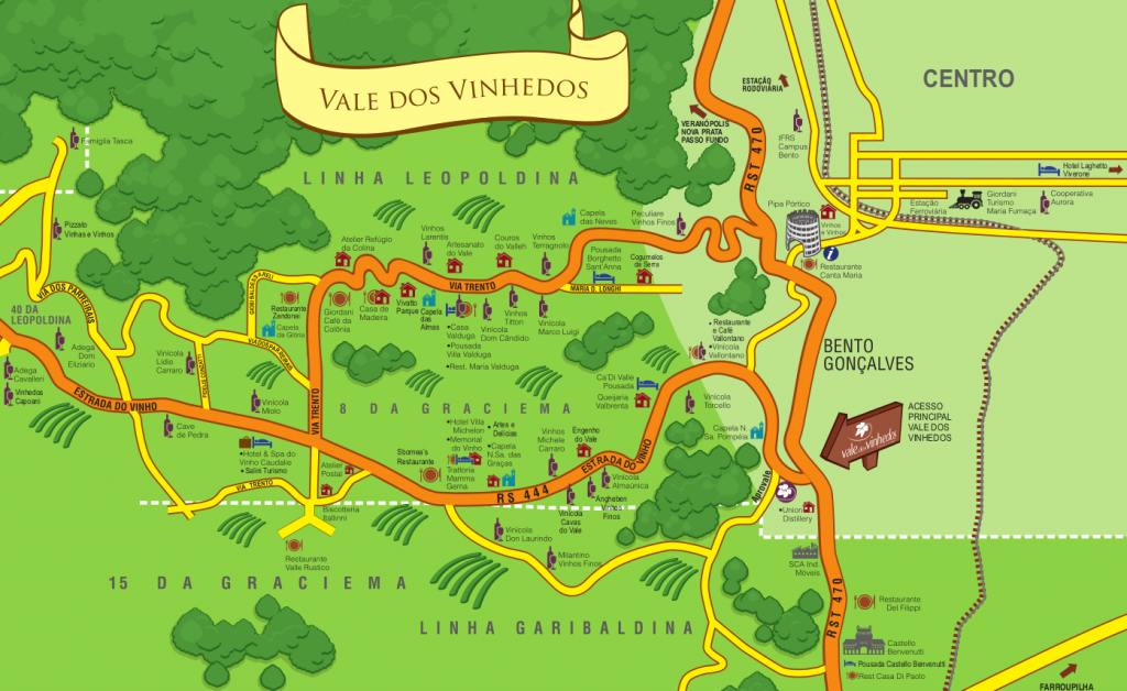 Mapa turístico do Vale dos Vinhedos mostra seus caminhos mais comuns