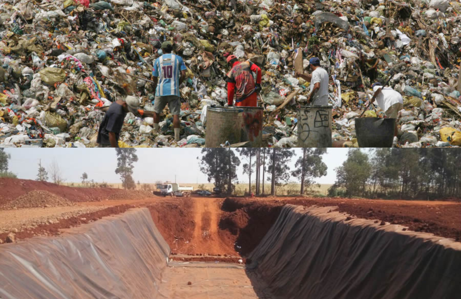 montagem para elucidar qual é a diferença entre lixão e aterro sanitário dividida em duas telas, em cima a imagem de trabalhadores em um lixão, em baixo a imagem de um aterro